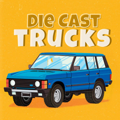 Blue toy truck on a yellow background with 'Die Cast Trucks' text.